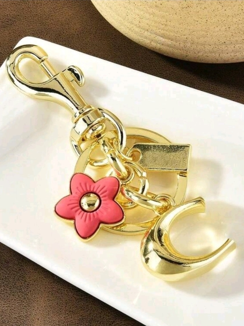 Gold-Tone Key & Card Holder Charm with Pink Flower Accent